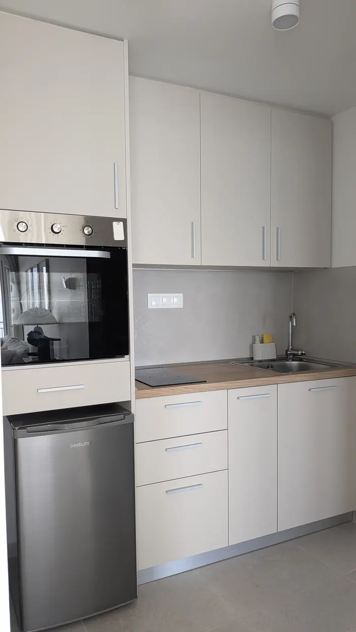 Fully equipped kitchen with oven, hob and fridge